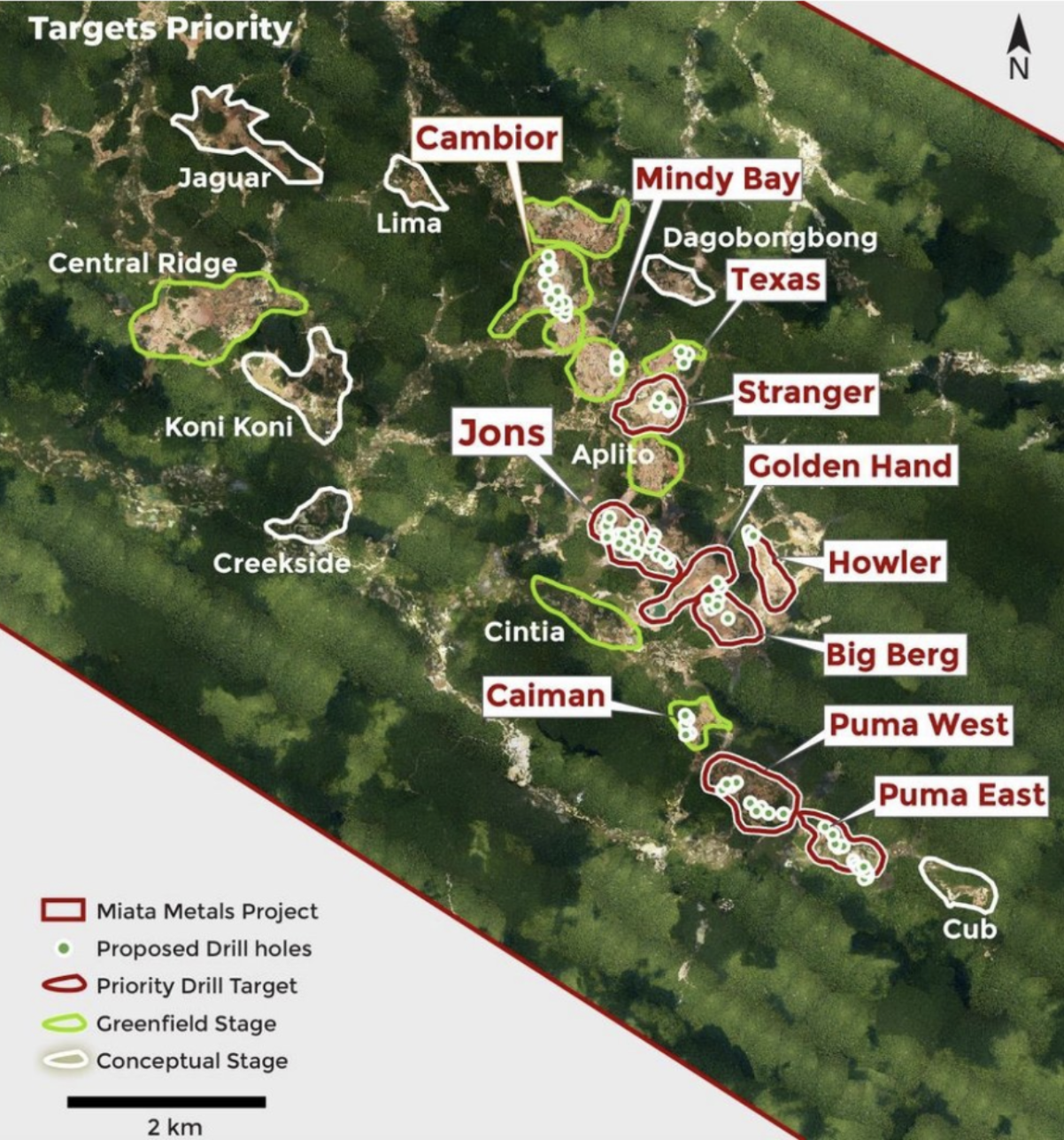 Aerial view of the Jons Trend discovery zone at Sela Creek showing target zones across the property