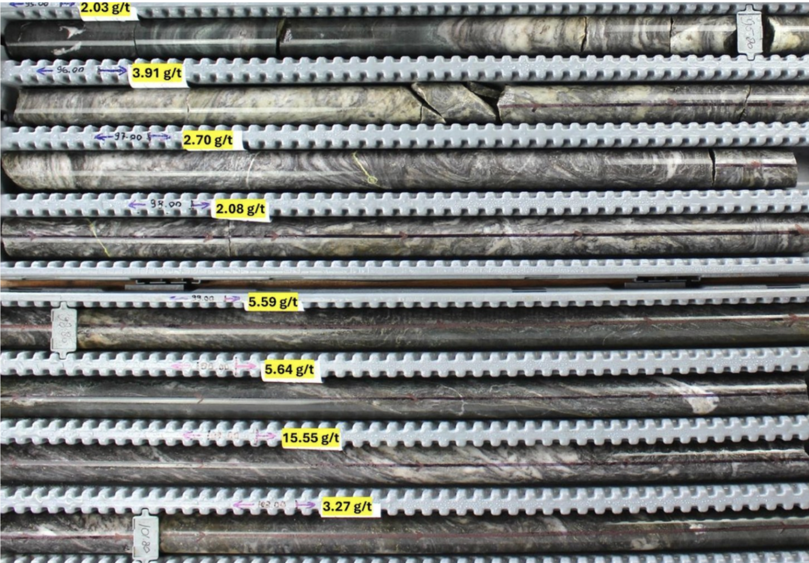 Drill core from Sela Creek showing gold mineralization with assay grades