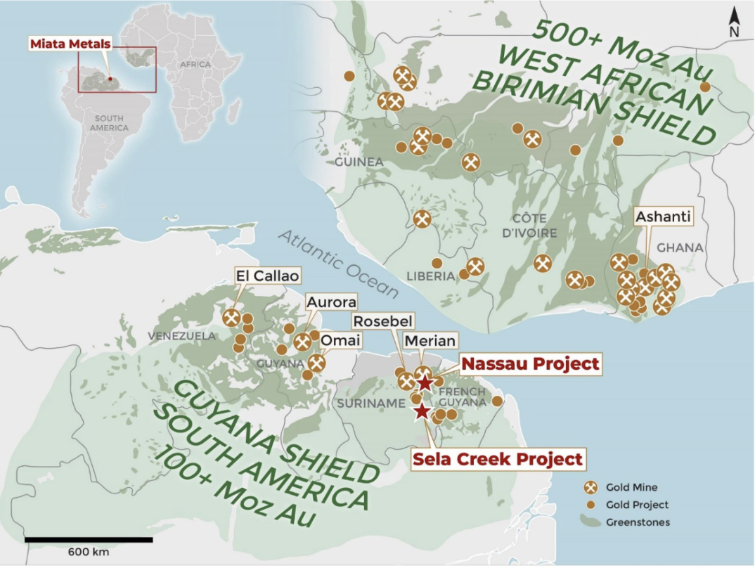 The Guiana Shield and West African Birimian Shield with Miata's Sela Creek and Nassau projects relative to major producing mines